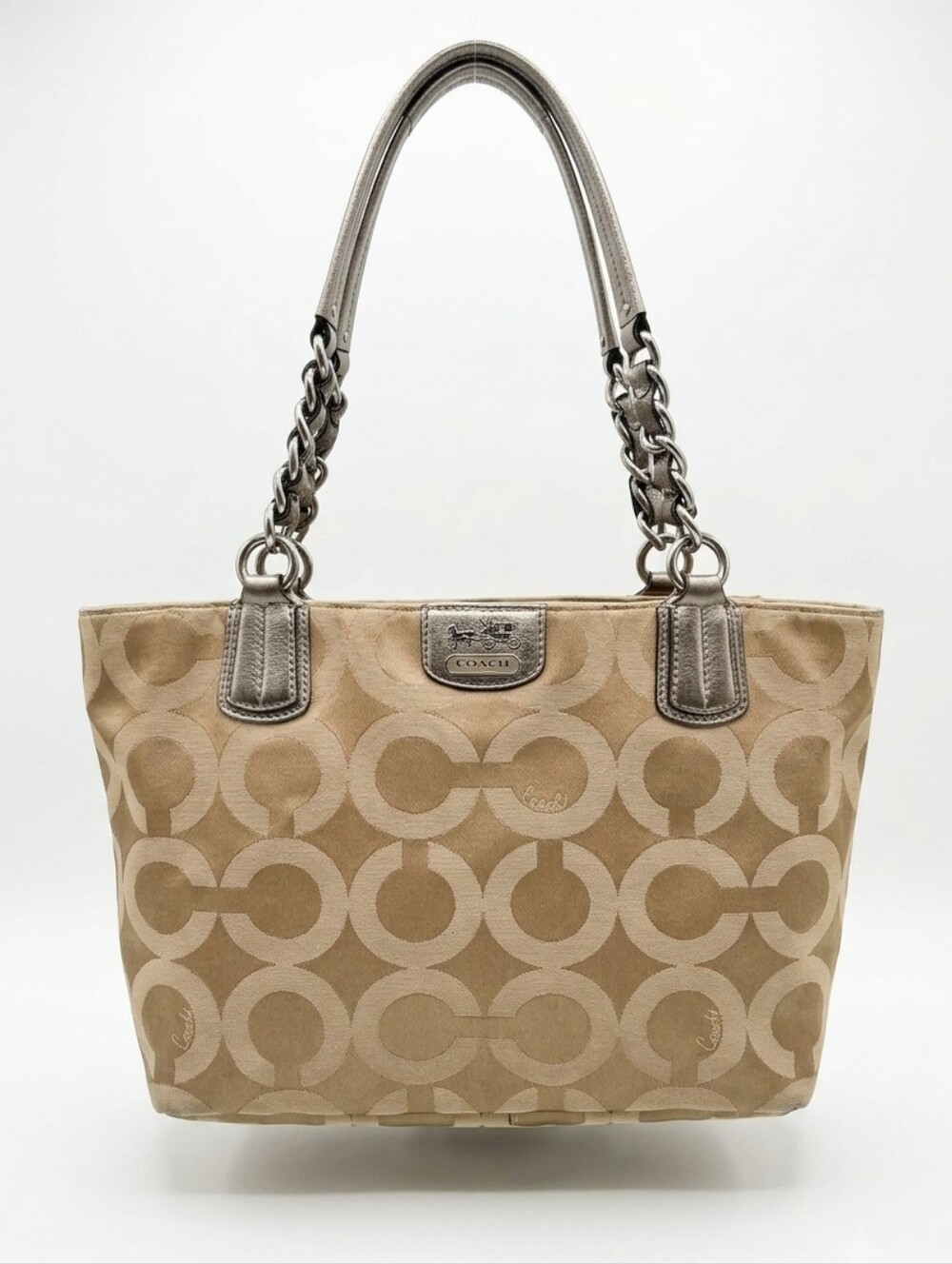 Coach Beige and Tan Signature Jacquard Tote with Metallic Trim